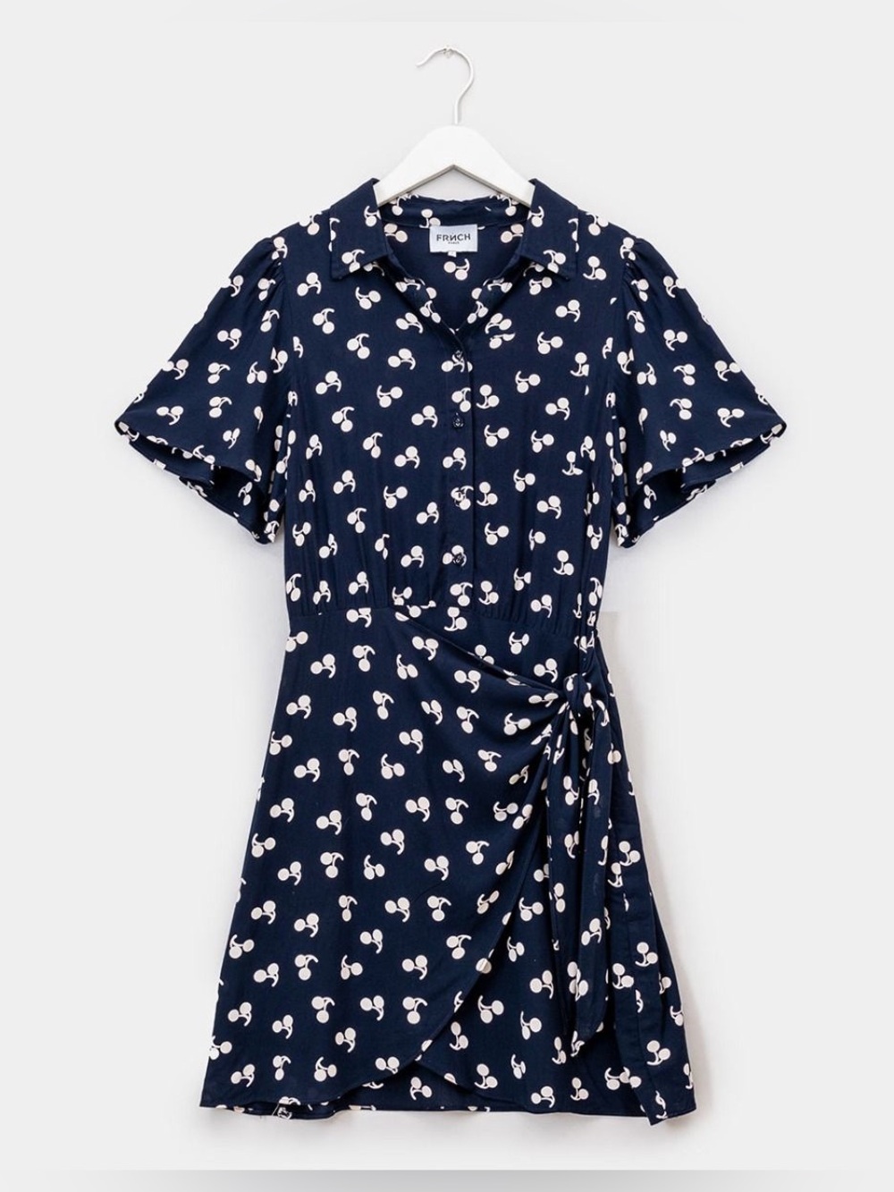 FRNCH Navy Mini Wrap Dress with Cream Cherry Motif